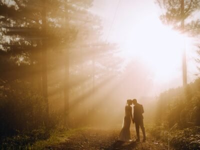 Happily married couple taking a walk in a park
