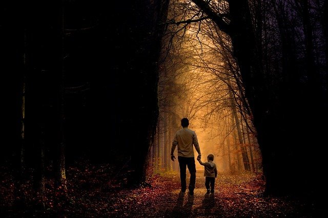 father holding hands and walking through dark wood with golden rays with hisyoung son who he is teaching the values of true manhood