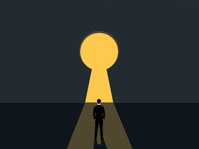 determined man facing large yellow key hole